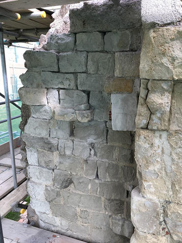 South face of Wardrobe Tower during re-pointing in April 2017